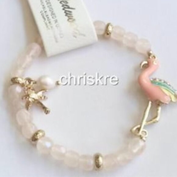 Pink Flamingo Charm Bracelet Freshwater White Pearl Palm Tree Gold Tone Beaded - Picture 1 of 9